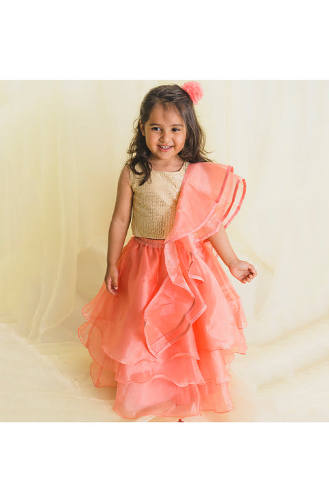 Saka Designs Girls Peach Ruffled Ready To Wear Lehenga Choli With Flared Dupatta