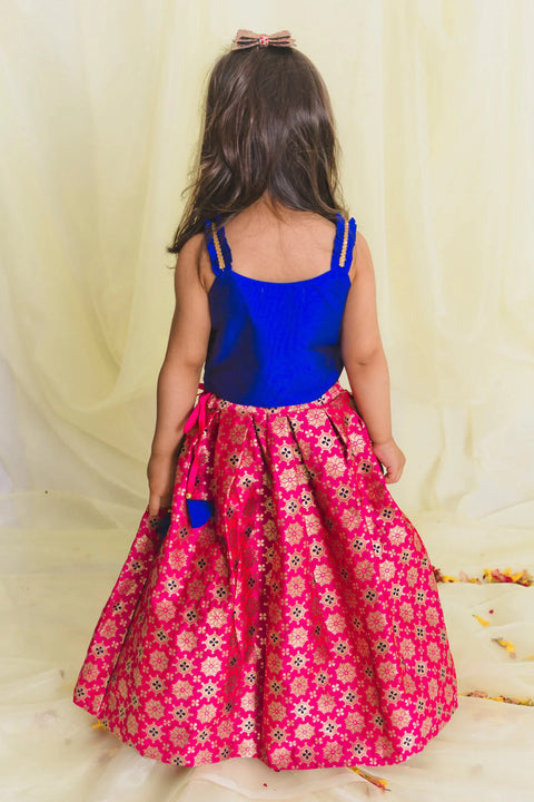 Saka Designs Girl Magenta And Blue Jacquard Pleated Lehenga And Embroidered Choli & Dupatta
