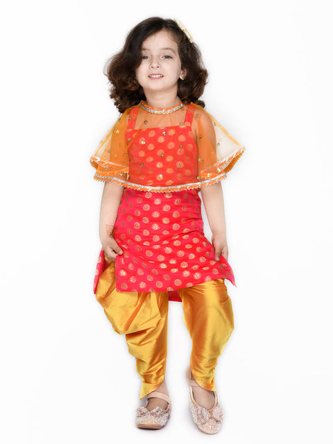 Saka Designs Red Jaquard Kurta With Sequenced Cape & Orange Salwar