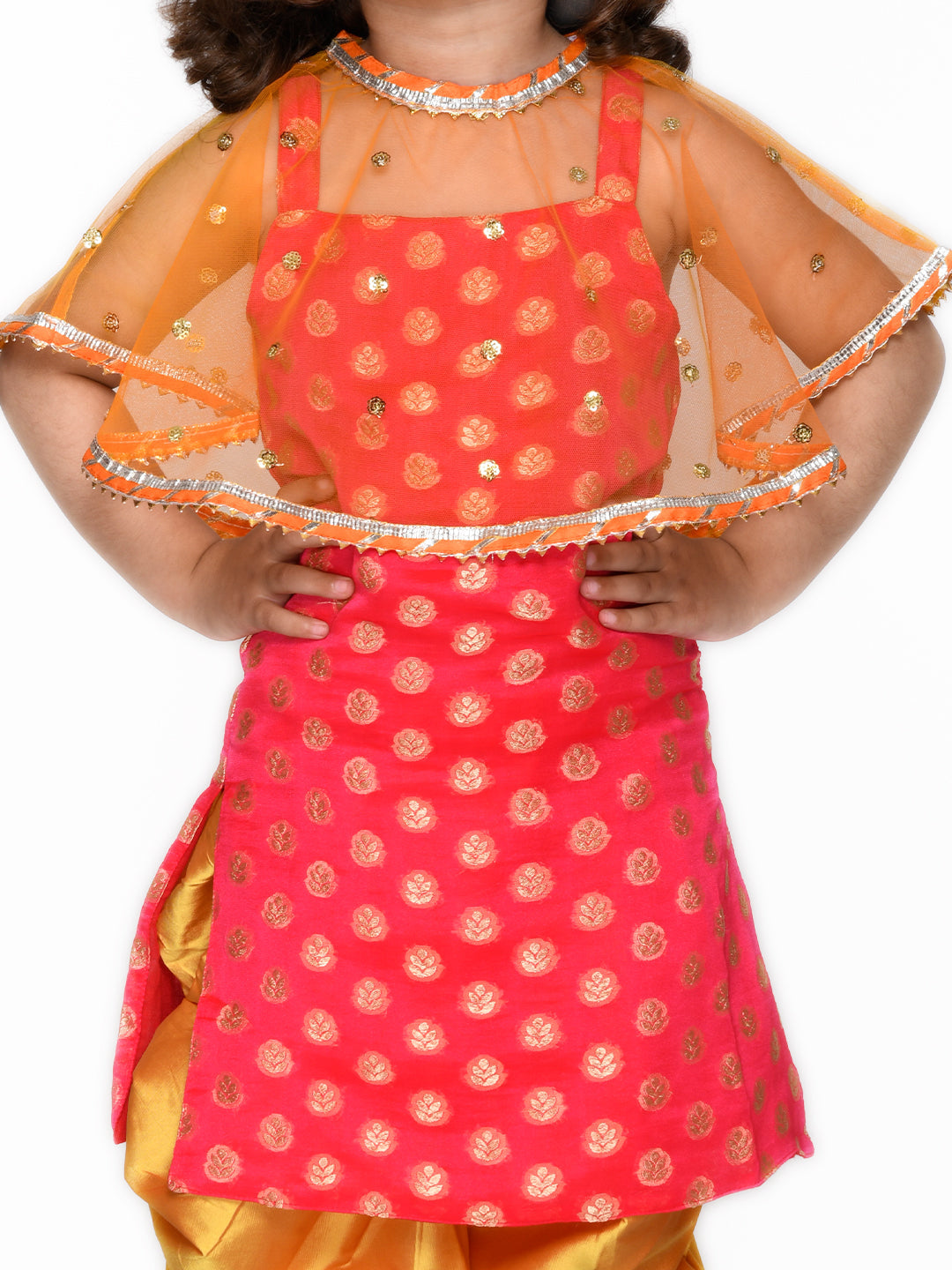 Saka Designs Red Jaquard Kurta With Sequenced Cape & Orange Salwar