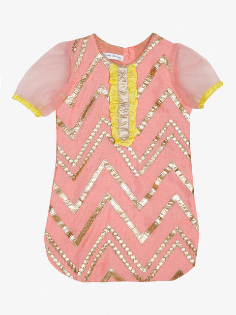 Saka Designs Girl Baby Pink Embellished Kurta With Yellow Dhoti & Dupatta