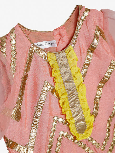 Saka Designs Girl Baby Pink Embellished Kurta With Yellow Dhoti & Dupatta