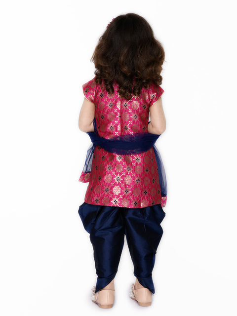 Saka Designs Girl Magenta Jaquard Angrakha Kurta With Navy Blue Dhoti & Dupatta