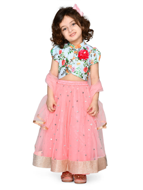 Saka Designs Girls Blue & Neon Pink Printed Ready To Wear Lehenga Choli With Dupatta