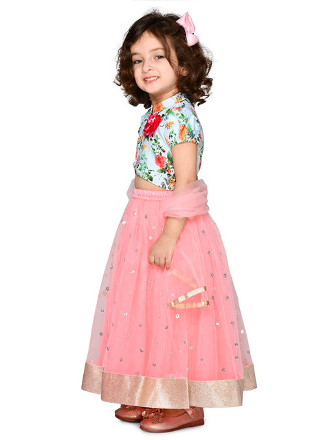 Saka Designs Girls Blue & Neon Pink Printed Ready To Wear Lehenga Choli With Dupatta