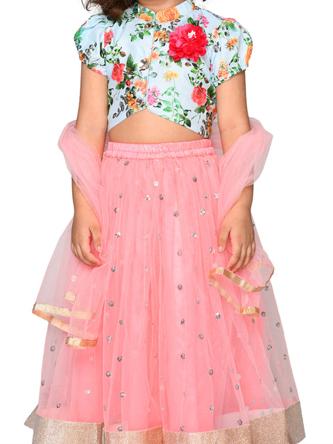 Saka Designs Girls Blue & Neon Pink Printed Ready To Wear Lehenga Choli With Dupatta
