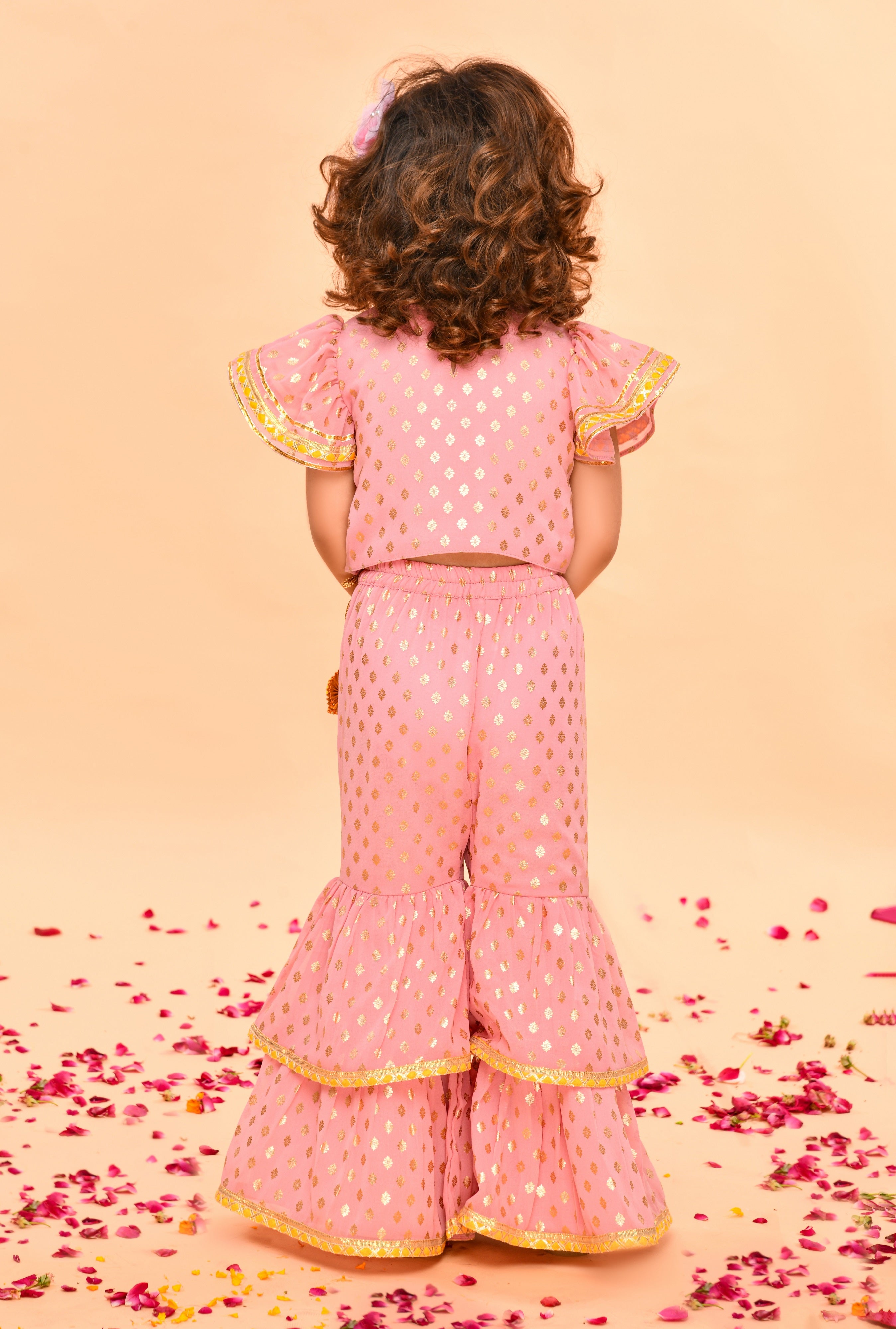Saka Designs Peach Pink Sharara Top With Yellow Lace Detailing