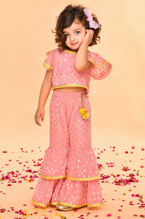 Saka Designs Peach Pink Sharara Top With Yellow Lace Detailing