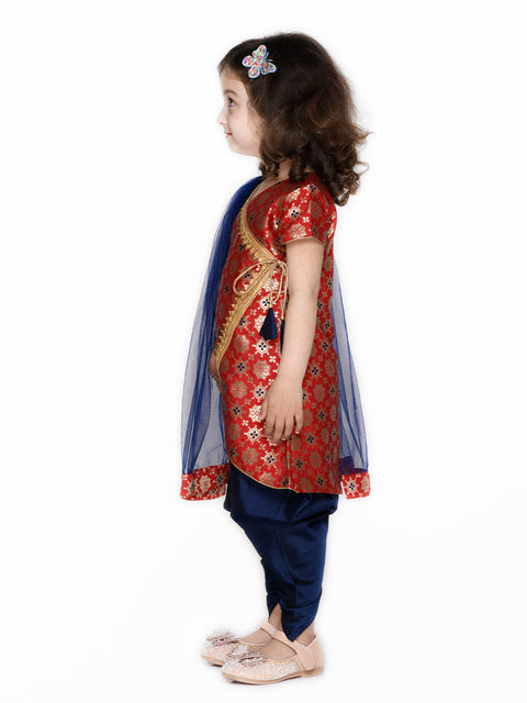 Saka Designs Girl Red Jaquard Angrakha Kurta With Navy Blue Dhoti & Dupatta