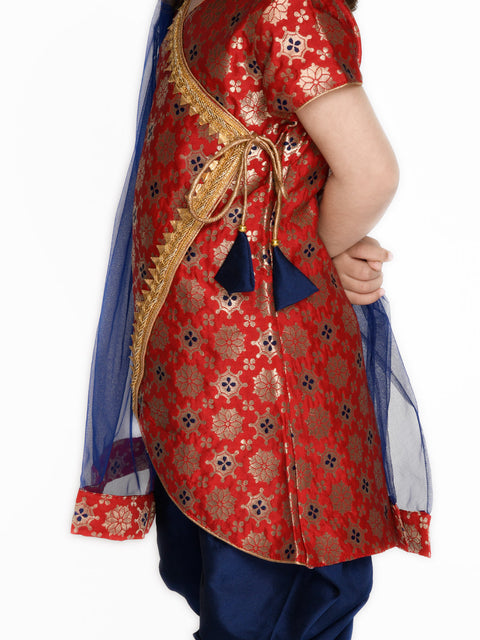 Saka Designs Girl Red Jaquard Angrakha Kurta With Navy Blue Dhoti & Dupatta