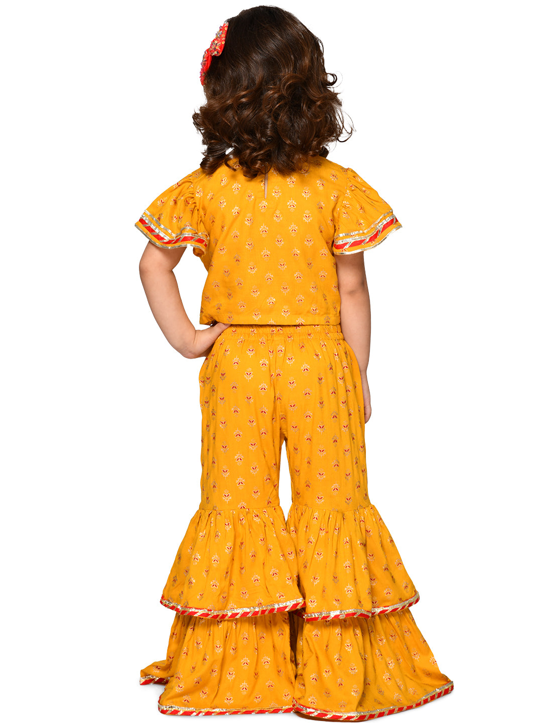Saka Designs Girl Mustard Top & Sharara With Lace Detailing & Tassels