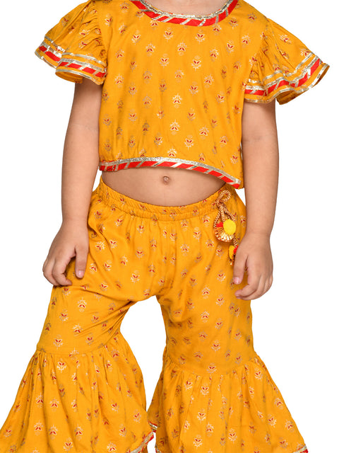 Saka Designs Girl Mustard Top & Sharara With Lace Detailing & Tassels