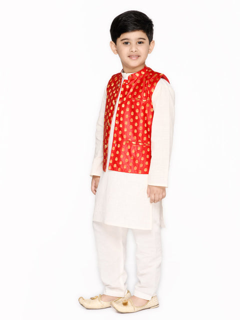 Saka Designs Red & White Boys Cotton Kurta & Pyjama With Jacket