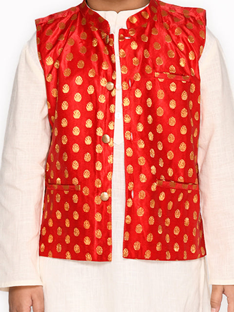 Saka Designs Red & White Boys Cotton Kurta & Pyjama With Jacket