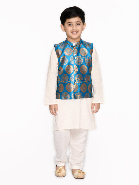 Saka Designs Turquoise & White Boys Cotton Kurta & Pyjama With Jacket