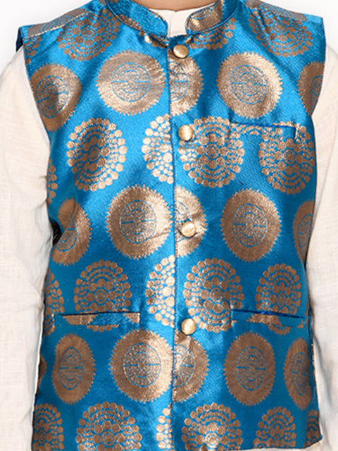 Saka Designs Turquoise & White Boys Cotton Kurta & Pyjama With Jacket