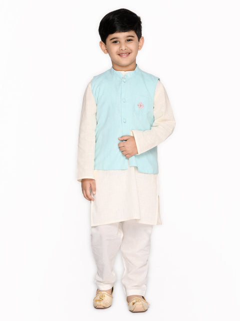 Saka Designs Boys Sky Blue Cotton Kurta And Pyjama With Jacket