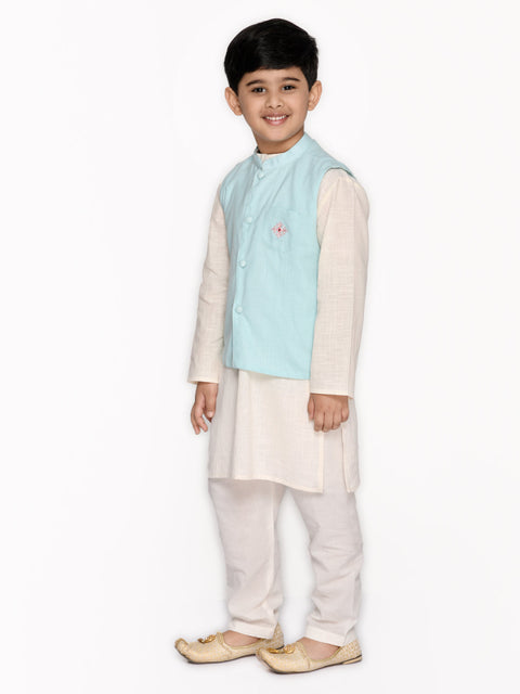 Saka Designs Boys Sky Blue Cotton Kurta And Pyjama With Jacket