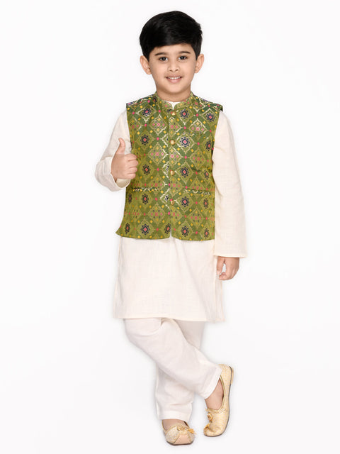 Saka Designs Boys Bottle Green Cotton Kurta And Pyjama With Jacquard Jacket