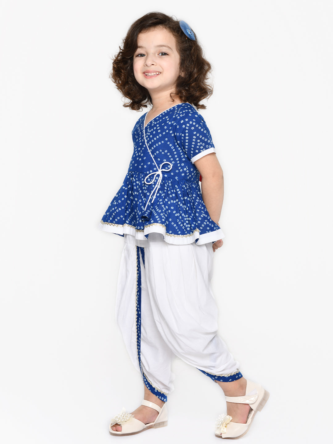 Saka Designs B&hani Blue & White Cotton Printed Dhoti Peplum For Girls
