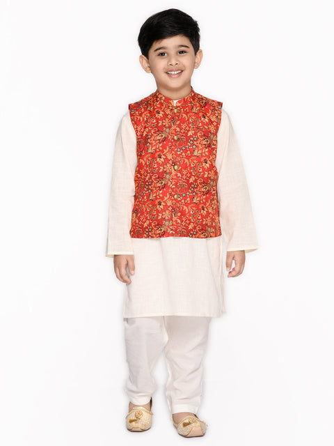 Saka Designs Red & White Boys Cotton Kurta & Pyjama With Printed Jacket