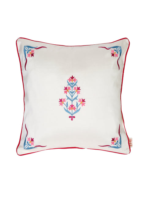 Square ivory cushion cover featuring intricate Mughal embroidery, perfect for elegant home décor.