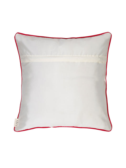 Square ivory cushion cover featuring intricate Mughal embroidery, perfect for elegant home décor.