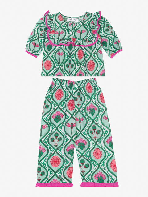 Pure cotton tea green and magenta floral night suit for kids