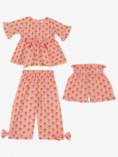 Pure cotton peach floral night suit for kids