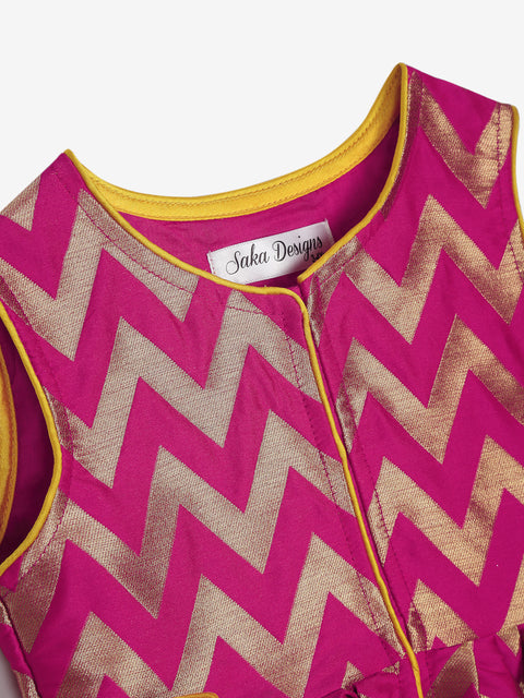 Magenta and Yellow peplum dhoti set in Jacquard