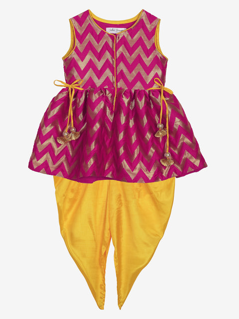 Magenta and Yellow peplum dhoti set in Jacquard