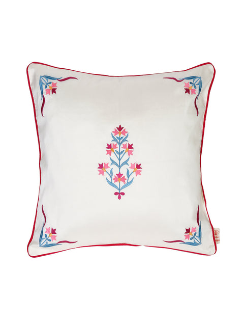 Mughal Embroidery on Ivory Base Cushion Cover - Square