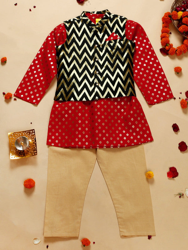 saka-designs-boys-red-printed-kurta-pajama-with-black-jacket-set
