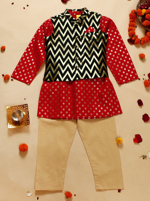 Saka Designs Boy's Red Printed Kurta Pajama with Black Jacket Set