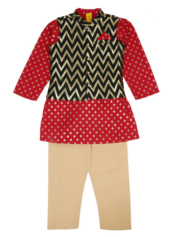 saka-designs-boys-red-printed-kurta-pajama-with-black-jacket-set