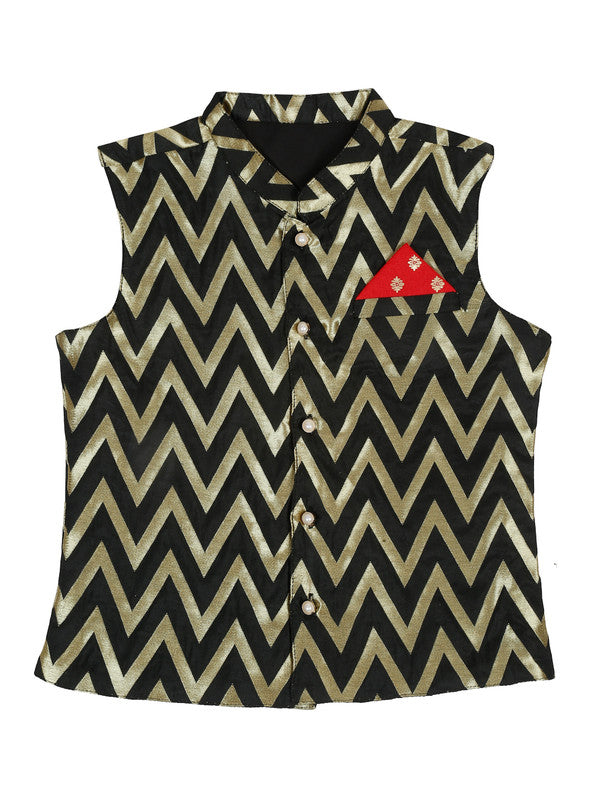 saka-designs-boys-red-printed-kurta-pajama-with-black-jacket-set