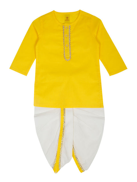 Saka Designs Boy's Cotton Kurta & Dhoti - Yellow & White