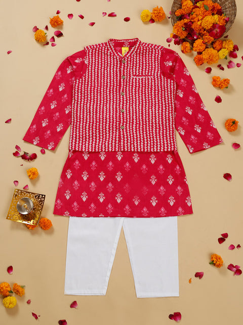 Saka Designs Boys Magenta Cotton Printed Kurta Pajama with Jacket Set