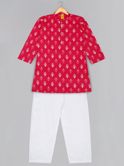 Saka Designs Boys Magenta Cotton Printed Kurta Pajama with Jacket Set
