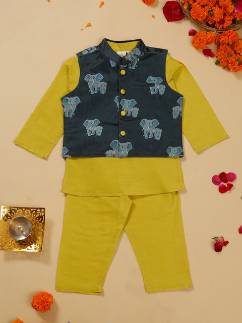 Saka Designs Cotton Blue Kurta Pajama with Embroidery Yellow jacket