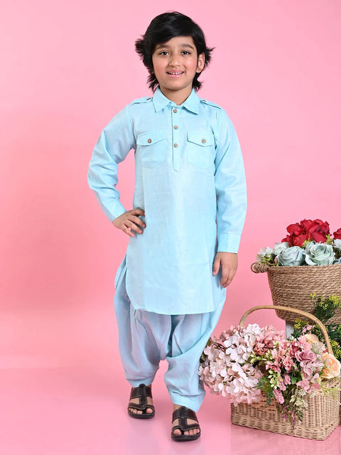 Saka Designs Boys Sky Blue Cotton Pathani Kurta Set