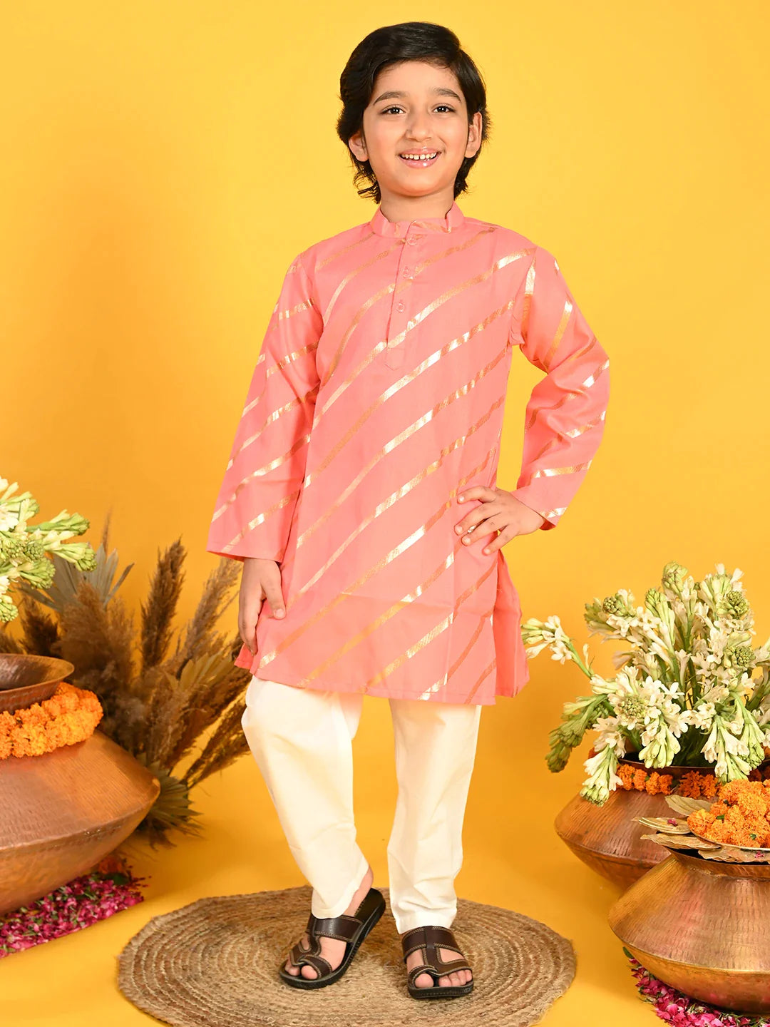 saka-designs-boys-dark-peach-with-gold-stripe-printed-kurta-with-payjama