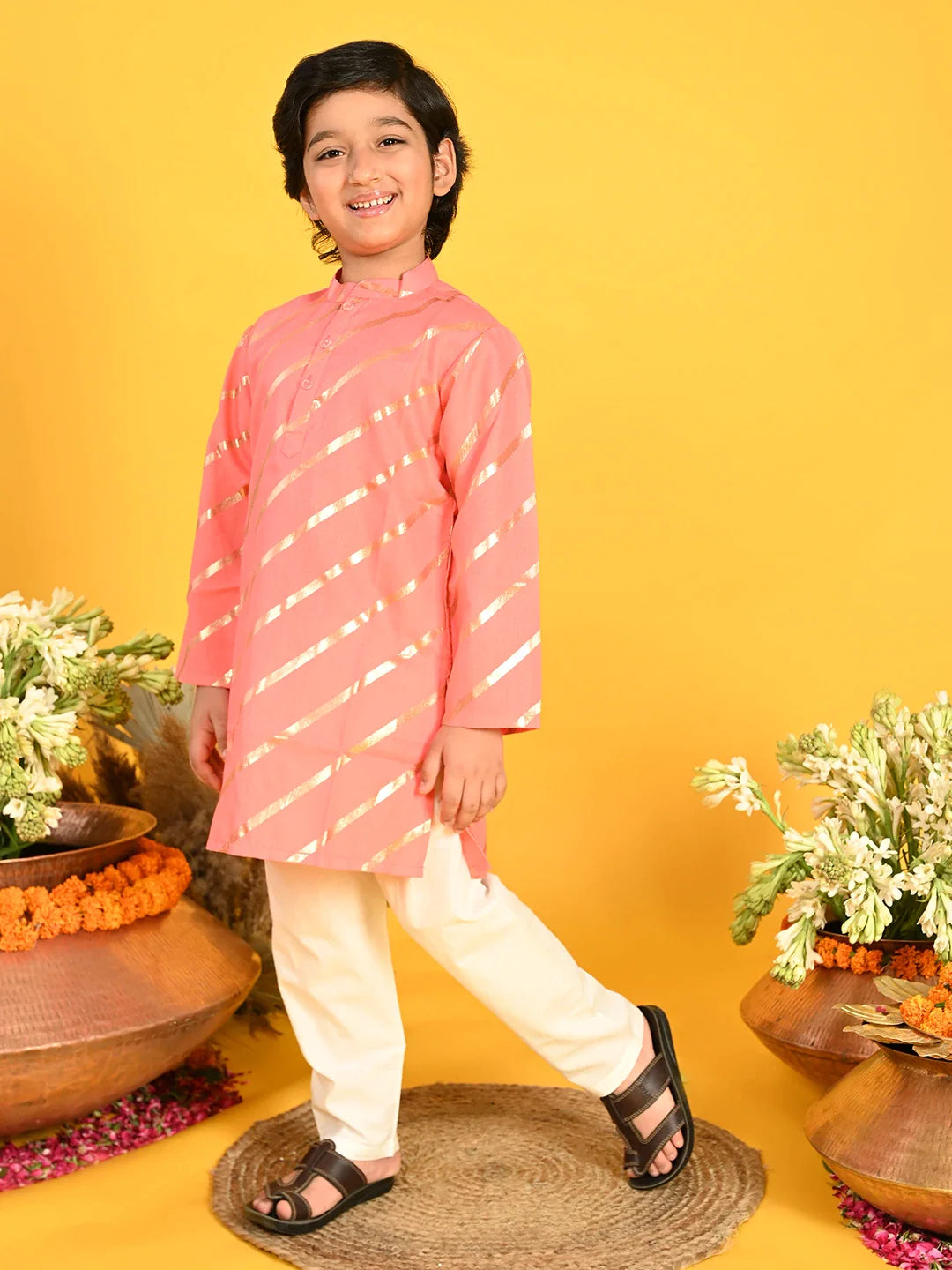 saka-designs-boys-dark-peach-with-gold-stripe-printed-kurta-with-payjama