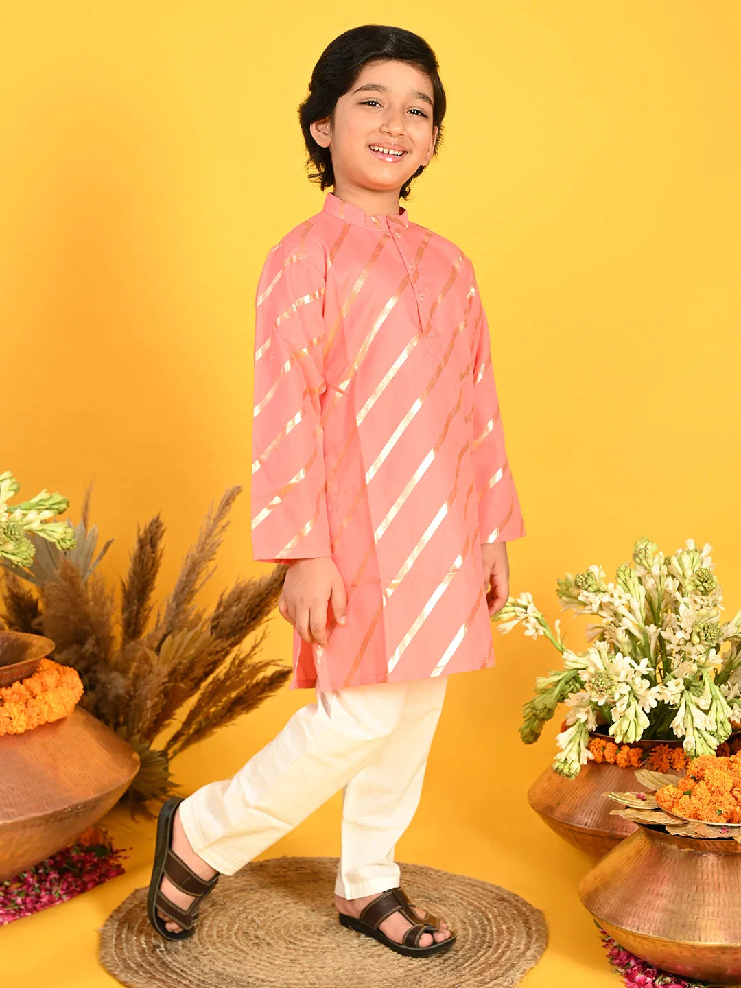 saka-designs-boys-dark-peach-with-gold-stripe-printed-kurta-with-payjama