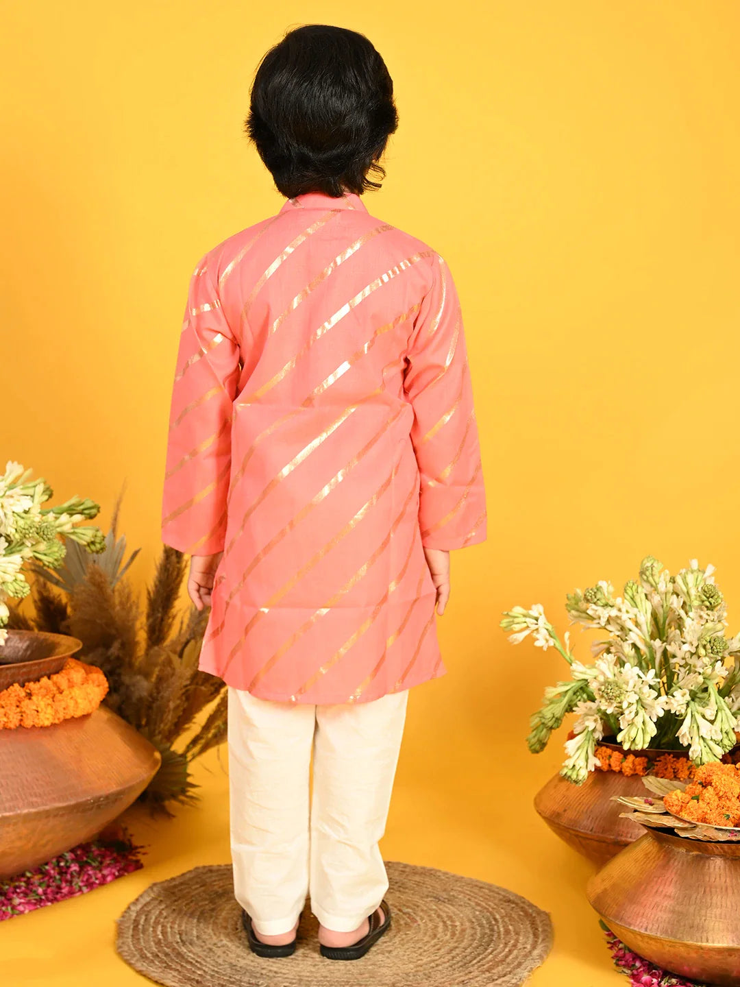 saka-designs-boys-dark-peach-with-gold-stripe-printed-kurta-with-payjama
