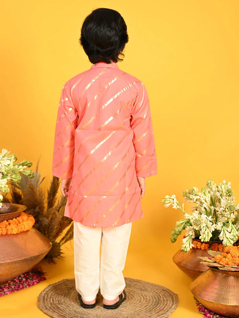 Saka Designs Boys Dark Peach With Gold Stripe Printed Kurta with Payjama