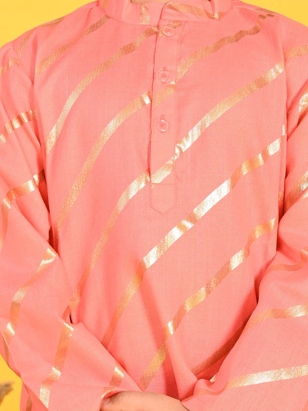 saka-designs-boys-dark-peach-with-gold-stripe-printed-kurta-with-payjama