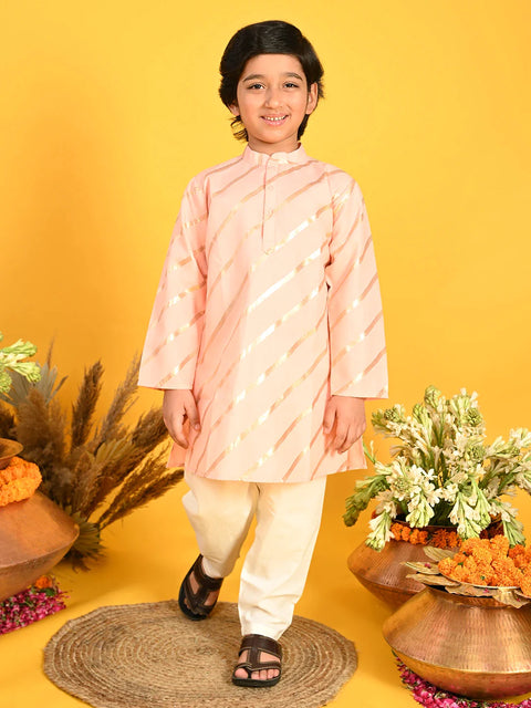 Saka Designs Boys Peach With Gold Stripe Printed Kurta with Payjama