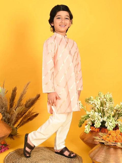 Saka Designs Boys Peach With Gold Stripe Printed Kurta with Payjama