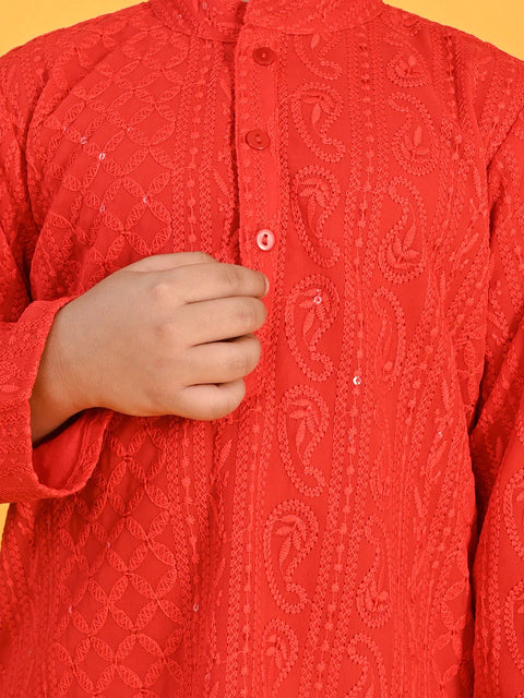 Saka Designs Boys Red Embroidered Kurta With Payjama